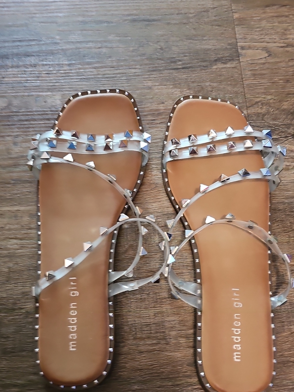 Madden Girl Clear Studded Strappy Flat Sandals - Silver Accents Size 9